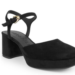 AEROSOLES Soir Black Suede Platform Pumps Square Toe Block Heel Size 7.5